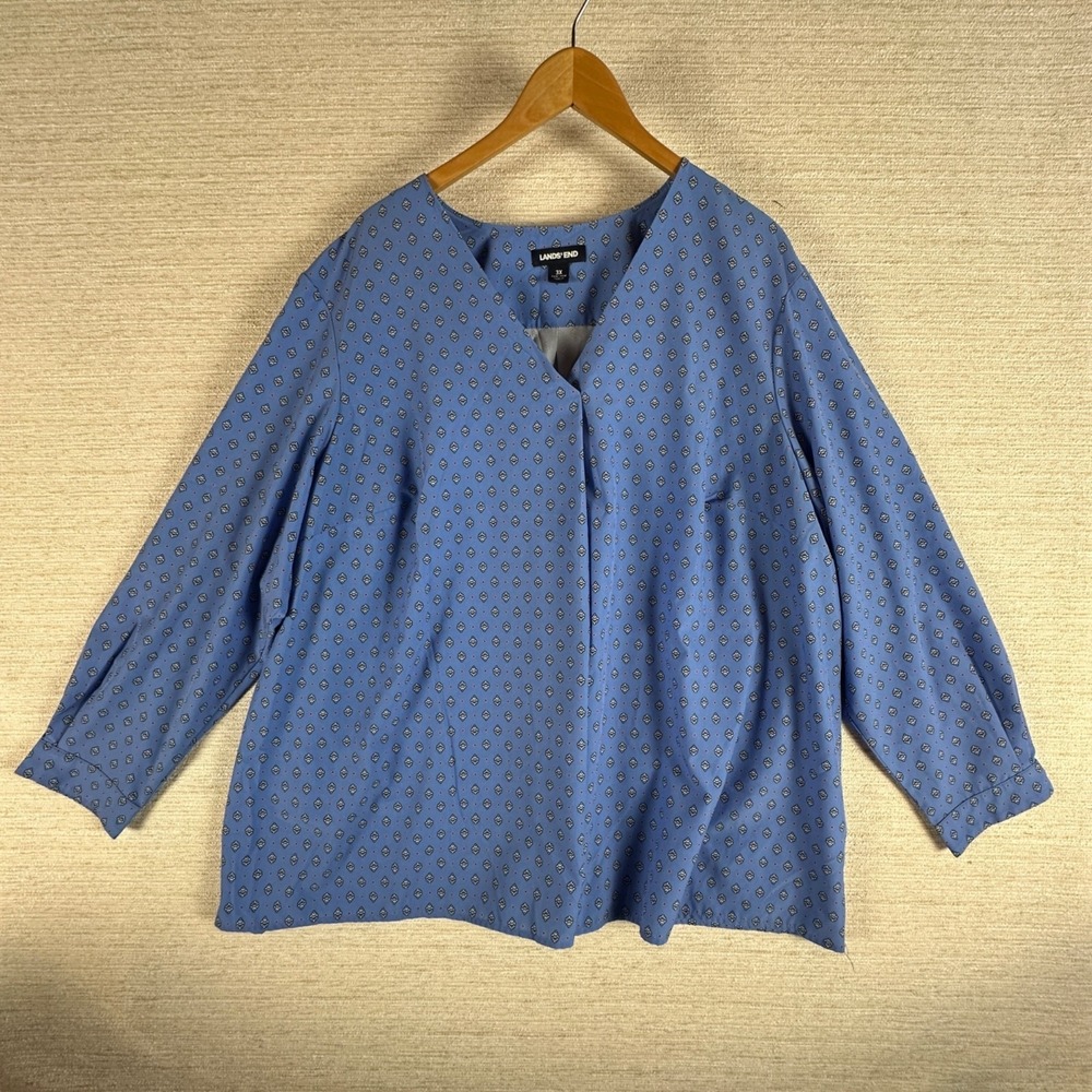 Lands End Womens 3X Blue Floral Patterned V-Neck Blouse 24W-26W Button Cuff Poly